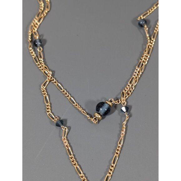 Retro Blue Glass Bead Gold Tone Figaro Multi Chain Tassel Layer Necklace 17" - Picture 5 of 7